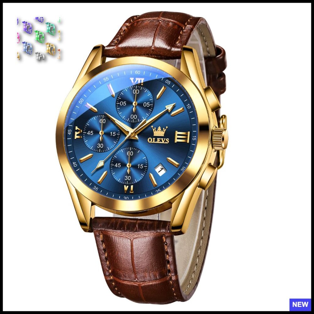 Men's Casual Leather Chronograph Watch Gold Tone Stainless Steel Dress Timepiece